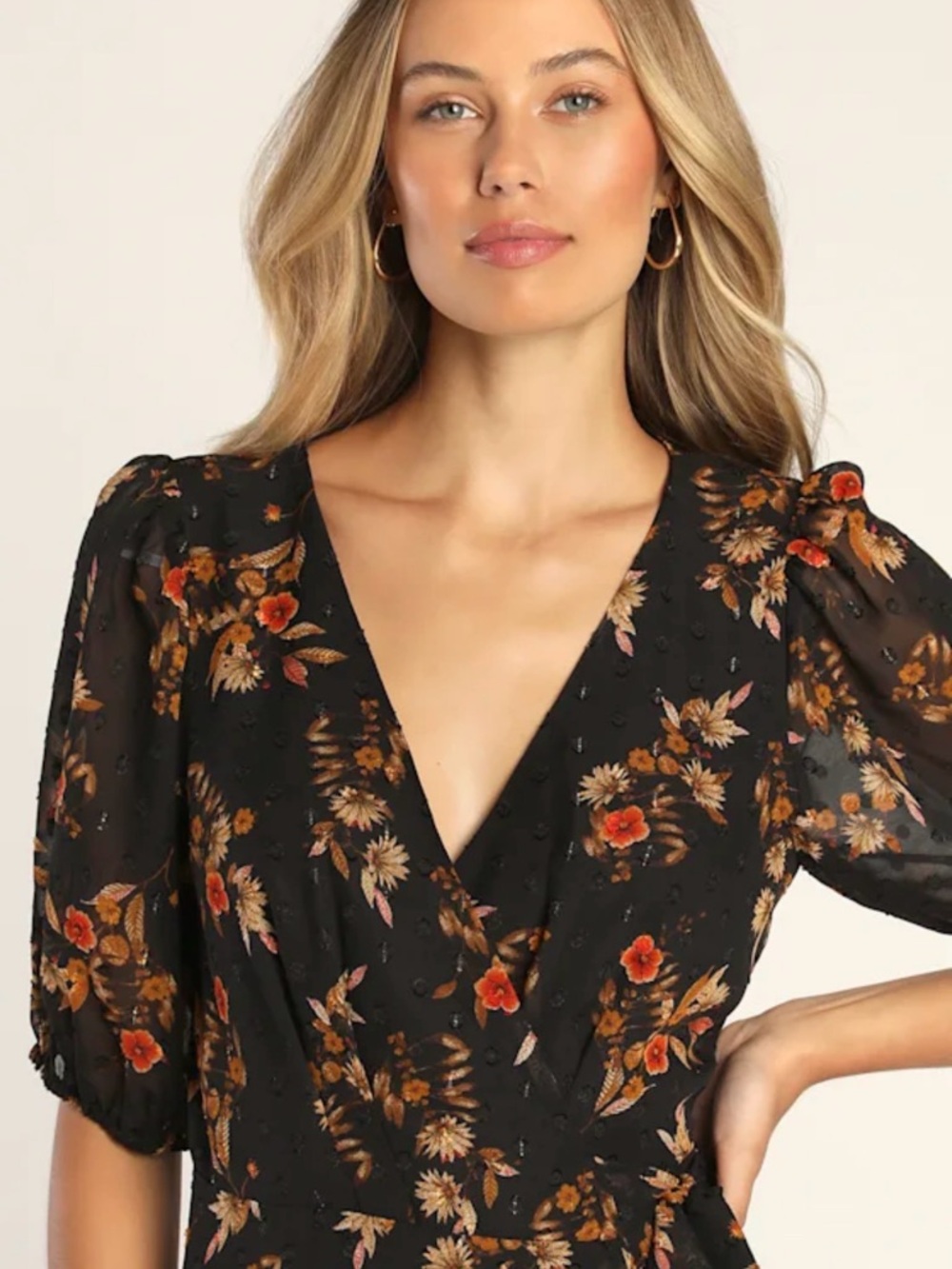 Lulu's Black Floral Wrap Maxi Dress with Autumn Blooms - Picture 2 of 8
